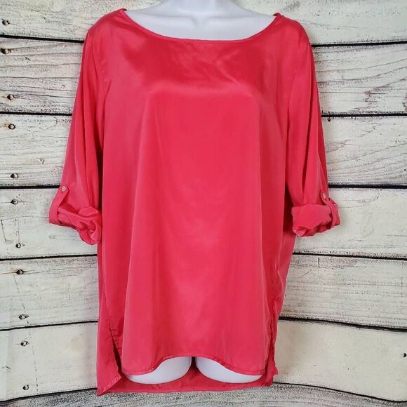 Fun & Flirt Hot Pink Satin Blouse Women’s Large Roll-Tab Sleeve - Picture 1 of 5